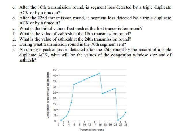 c. After the 16th transmission round, is segment loss detected by a triple duplicate
ACK or by a timeout?
d. After the 22nd transmission round, is segment loss detected by a triple duplicate
ACK or by a timeout?
e. What is the initial value of ssthresh at the first transmission round?
f. What is the value of ssthresh at the 18th transmission round?
g.
h.
i.
What is the value of ssthresh at the 24th transmission round?
During what transmission round is the 70th segment sent?
Assuming a packet loss is detected after the 26th round by the receipt of a triple
duplicate ACK, what will be the values of the congestion window size and of
ssthresh?
Congestion window size (segments)
45
40-
ܘ ܢ ܘ ܝ ܘ ܝ ܕ
35-
30-
25-
20-
15-
10-
5-
0-
0
2
4
6
8 10 12 14 16 18 20 22 24 26
Transmission round
