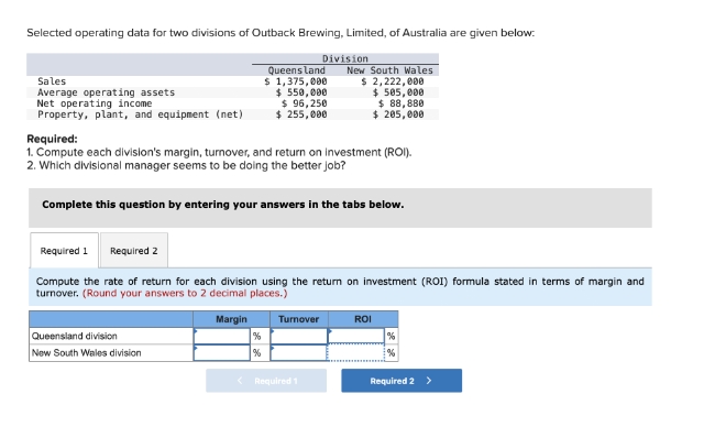 Selected operating data for two divisions of Outback Brewing, Limited, of Australia are given below:
Sales
Average operating assets
Net operating income
Property, plant, and equipment (net)
Required:
Queensland
Division
$ 1,375,000
$550,000
$ 96,250
$ 255,000
New South Wales
$ 2,222,000
$ 505,000
$ 88,880
$205,000
1. Compute each division's margin, turnover, and return on investment (ROI).
2. Which divisional manager seems to be doing the better job?
Complete this question by entering your answers in the tabs below.
Required 1 Required 2
Compute the rate of return for each division using the return on investment (ROI) formula stated in terms of margin and
turnover. (Round your answers to 2 decimal places.)
Queensland division
New South Wales division
Margin
Turnover
ROI
%
%
<Required 1
Required 2 >