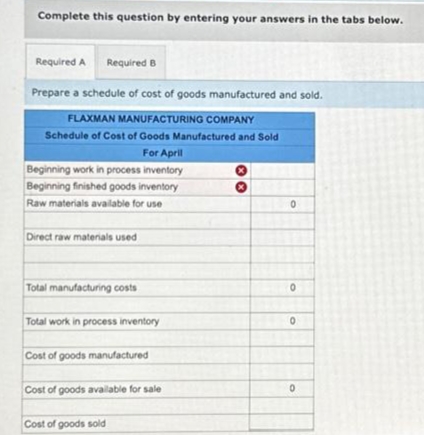 Complete this question by entering your answers in the tabs below.
Required A Required B
Prepare a schedule of cost of goods manufactured and sold.
FLAXMAN MANUFACTURING COMPANY
Schedule of Cost of Goods Manufactured and Sold
For April
Beginning work in process inventory
Beginning finished goods inventory
Raw materials available for use
Direct raw materials used
Total manufacturing costs
Total work in process inventory
Cost of goods manufactured
Cost of goods available for sale
Cost of goods sold
X
0
0
0
0