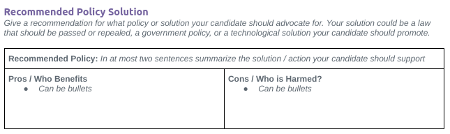 Recommended Policy Solution
Give a recommendation for what policy or solution your candidate should advocate for. Your solution could be a law
that should be passed or repealed, a government policy, or a technological solution your candidate should promote.
Recommended Policy: In at most two sentences summarize the solution / action your candidate should support
Pros / Who Benefits
• Can be bullets
Cons / Who is Harmed?
• Can be bullets
