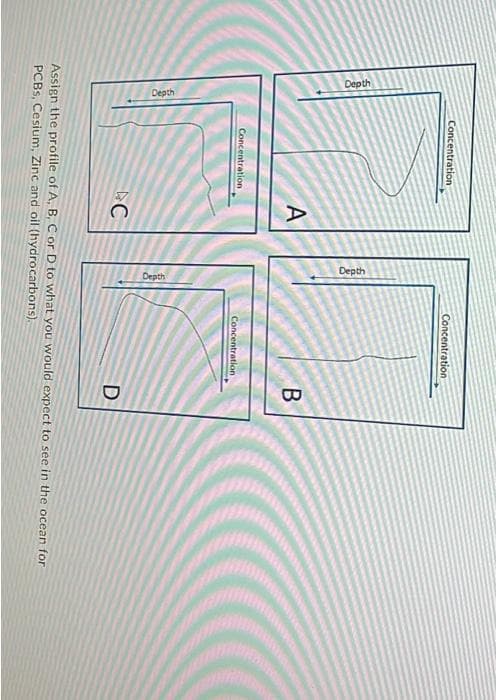 Depth
Depth
Concentration
Concentration
A
Depth
Depth
Concentration
Concentration
B
C
D
Assign the profile of A, B, C or D to what you would expect to see in the ocean for
PCBS, Cesium, Zinc and oil (hydrocarbons).