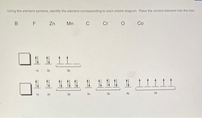 Using the element symbols, identify the element corresponding to each orbital diagram. Place the correct element into the box.
B
F
Zn
Mn
C
Cr
Co
1s
25
2p
1 1 1 1 1 1
3d
2p
