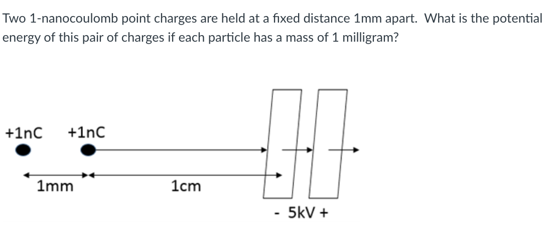 Two 1-nanocoulomb point charges are held at a fixed distance 1mm apart. What is the potential
energy of this pair of charges if each particle has a mass of 1 milligram?
+1nC +1nC
1mm
1cm
- 5kV +