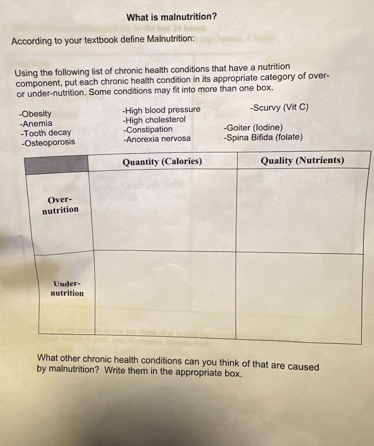 According to your textbook define Malnutrition:
Using the following list of chronic health conditions that have a nutrition
component, put each chronic health condition in its appropriate category of over-
or under-nutrition. Some conditions may fit into more than one box.
-Scurvy (Vit C)
-Obesity
-Anemia
-Tooth decay
-Osteoporosis
What is malnutrition?
Over-
nutrition
Under-
nutrition
-High blood pressure
-High cholesterol
-Constipation
-Anorexia nervosa
Quantity (Calories)
-Goiter (lodine)
-Spina Bifida (folate)
Quality (Nutrients)
What other chronic health conditions can you think of that are caused
by malnutrition? Write them in the appropriate box.