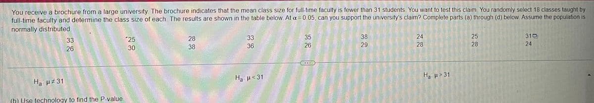 You receive a brochure from a large university. The brochure indicates that the mean class size for full-time faculty is fewer than 31 students. You want to test this claim. You randomly select 18 classes taught by
full-time faculty and determine the class size of each. The results are shown in the table below. At a = 0.05, can you support the university's claim? Complete parts (a) through (d) below. Assume the population is
normally distributed
Ha μ#31
33
26
(b) Use technology to find the P-value.
25
30
28
38
33
36
H₂ μ<31
35
26
38
29
24
28
Ha μ>31
EN
25
28
310
24
