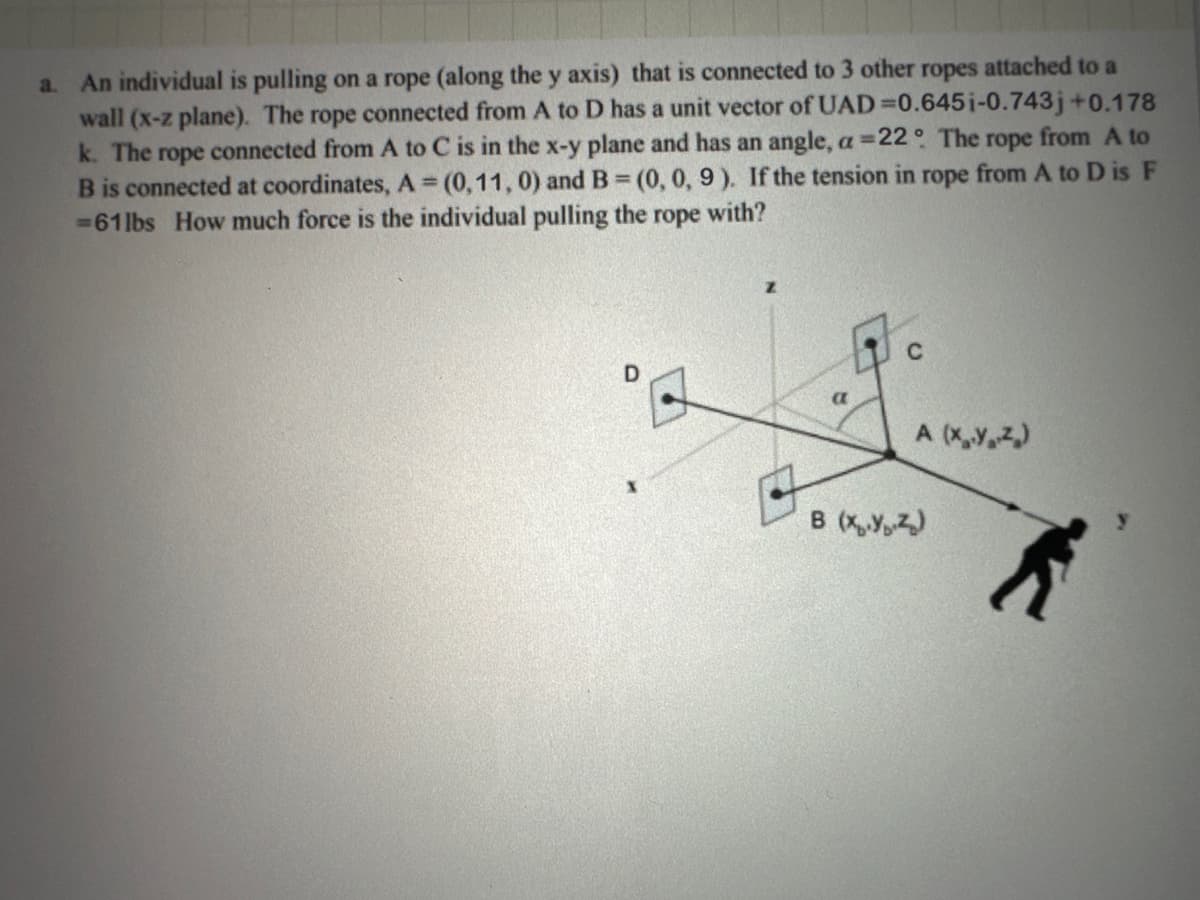 a. An individual is pulling on a rope (along the y axis) that is connected to 3 other ropes attached to a
wall (x-z plane). The rope connected from A to D has a unit vector of UAD=0.645i-0.743j+0.178
k. The rope connected from A to C is in the x-y plane and has an angle, a=22° The rope from A to
B is connected at coordinates, A=(0,11, 0) and B =(0, 0, 9). If the tension in rope from A to D is F
=61lbs How much force is the individual pulling the rope with?
D
a
A (XYZ)
B (XYZ)