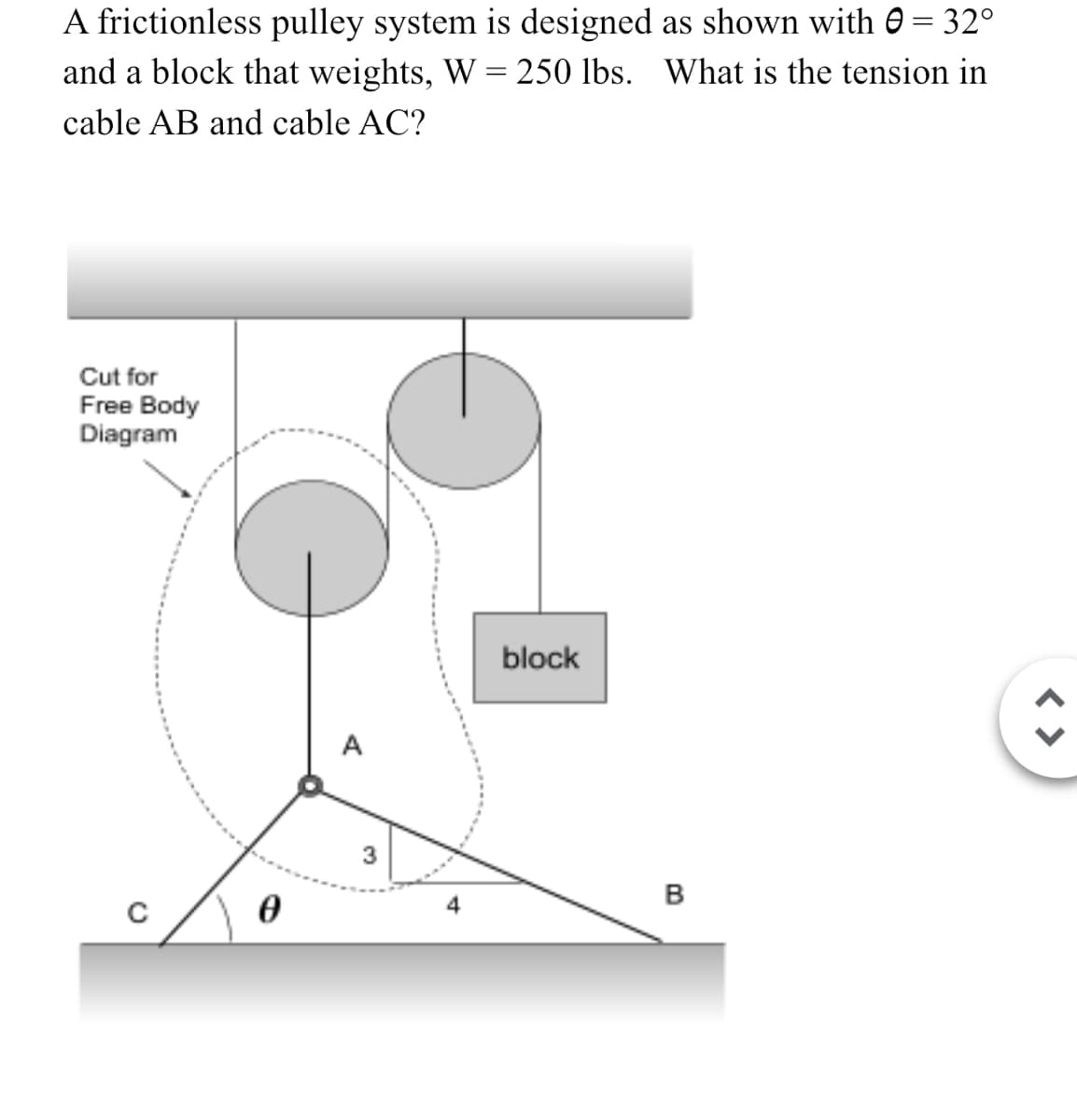 A frictionless pulley system is designed as shown with 0 = 32°
and a block that weights, W = 250 lbs. What is the tension in
cable AB and cable AC?
Cut for
Free Body
Diagram
Ꮎ
A
block
B