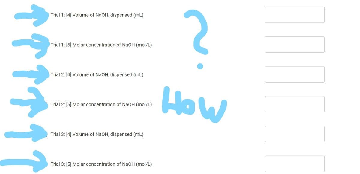 2
Trial 1: [4] Volume of NaOH, dispensed (mL)
Trial 1: [5] Molar concentration of NaOH (mol/L)
Trial 2: [4] Volume of NaOH, dispensed (mL)
How
Trial 2: [5] Molar concentration of NaOH (mol/L)
Trial 3: [4] Volume of NaOH, dispensed (mL)
Trial 3: [5] Molar concentration of NaOH (mol/L)
