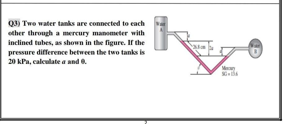 Q3) Two water tanks are connected to each
Water
A
other through a mercury manometer with
inclined tubes, as shown in the figure. If the
pressure difference between the two tanks is
20 kPa, calculate a and 0.
Waler
B
26.8 cm 2a
Mercury
SG = 13.6
