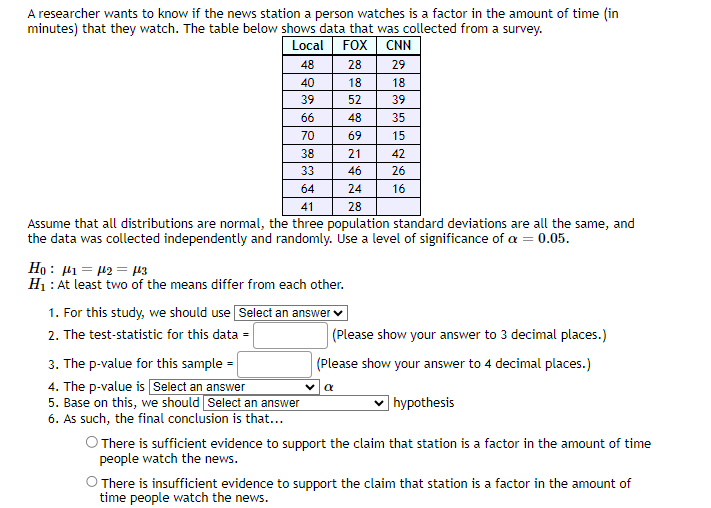 A researcher wants to know if the news station a person watches is a factor in the amount of time (in
minutes) that they watch. The table below shows data that was collected from a survey.
Local
FOX
CNN
48
28
29
18
18
52
39
35
15
42
26
16
40
39
66
70
38
21
33
46
64
24
41
28
Assume that all distributions are normal, the three population standard deviations are all the same, and
the data was collected independently and randomly. Use a level of significance of a = 0.05.
Ho: 142 143
H₁: At least two of the means differ from each other.
1. For this study, we should use Select an answer
2. The test-statistic for this data =
48
69
3. The p-value for this sample=
4. The p-value is Select an answer
5. Base on this, we should Select an answer
6. As such, the final conclusion is that...
(Please show your answer to 3 decimal places.)
(Please show your answer to 4 decimal places.)
α
hypothesis
O There is sufficient evidence to support the claim that station is a factor in the amount of time
people watch the news.
O There is insufficient evidence to support the claim that station is a factor in the amount of
time people watch the news.