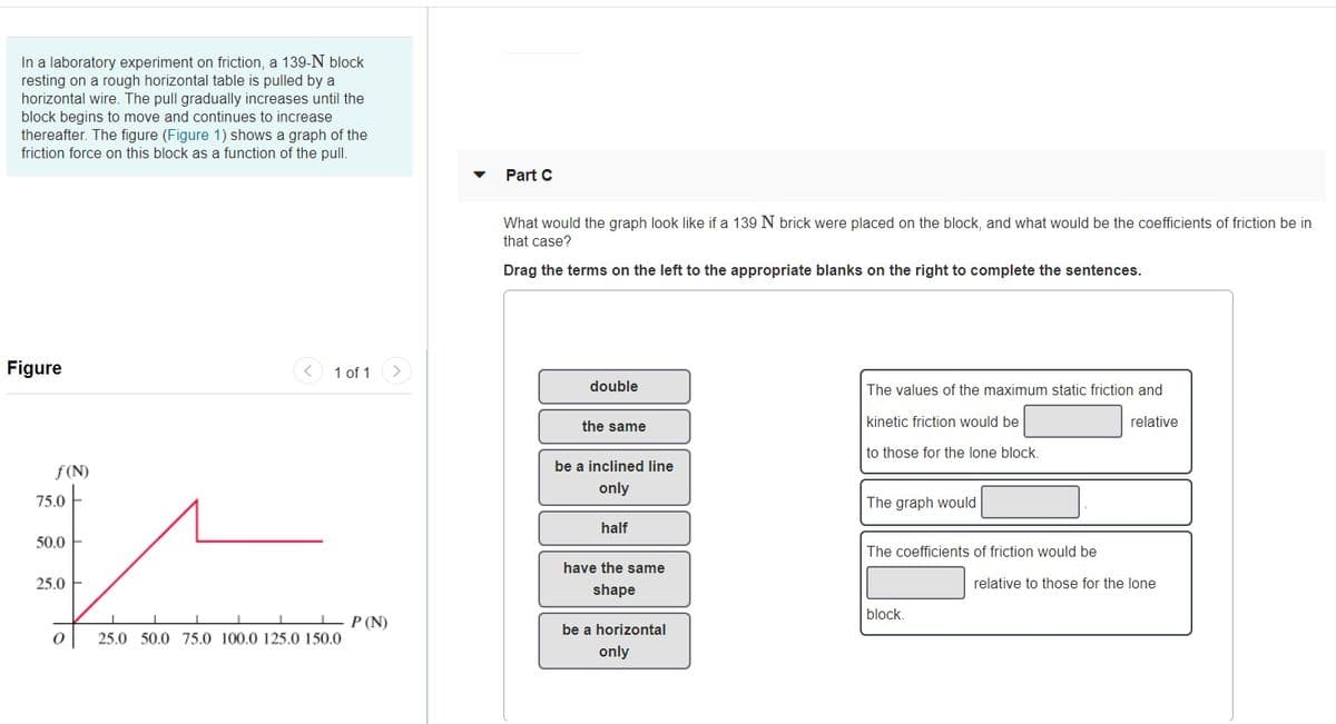 In a laboratory experiment on friction, a 139-N block
resting on a rough horizontal table is pulled by a
horizontal wire. The pull gradually increases until the
block begins to move and continues to increase
thereafter. The figure (Figure 1) shows a graph of the
friction force on this block as a function of the pull.
Part C
What would the graph look like if a 139 N brick were placed on the block, and what would be the coefficients of friction be in
that case?
Drag the terms on the left to the appropriate blanks on the right to complete the sentences.
Figure
1 of 1
double
The values of the maximum static friction and
the same
kinetic friction would be
relative
to those for the lone block.
be a inclined line
f(N)
only
75.0
The graph would
half
50.0
The coefficients of friction would be
have the same
25.0
relative to those for the lone
shape
block.
P (N)
be a horizontal
25.0 50.0 75.0 100.0 125.0 150.0
only
