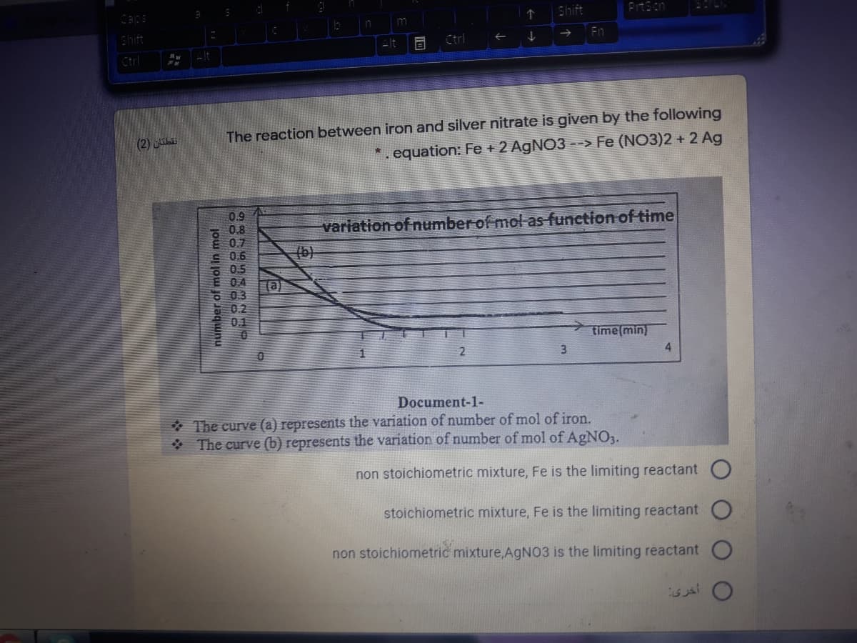 Shift
Pitson
in
Shift
Fn
Ctrl
Ctrl
The reaction between iron and silver nitrate is given by the following
. equation: Fe + 2 AgNO3 --> Fe (NO3)2 + 2 Ag
(2) h
0.9
- 0.8
E 07
E 0.6
variation of number of mol-as function of time
(b)
O 0.5
E 04
(a
6 03
0.2
0.1
time(min)
3.
Document-1-
* The curve (a) represents the variation of number of mol of iron.
* The curve (b) represents the variation of number of mol of AgNO,.
non stoichiometric mixture, Fe is the limiting reactant
stoichiometric mixture, Fe is the limiting reactant
non stoichiometric mixture,AGNO3 is the limiting reactant
