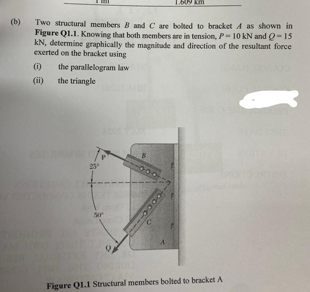 1.609 km
(b)
Two structural members B and C are bolted to bracket A as shown in
Figure Q1.1. Knowing that both members are in tension, P = 10 kN and Q=15
kN, determine graphically the magnitude and direction of the resultant force
exerted on the bracket using
the parallelogram law
(i)
(ii)
the triangle
ASUS TAM
25°
B
50°
Figure Q1.1 Structural members bolted to bracket A