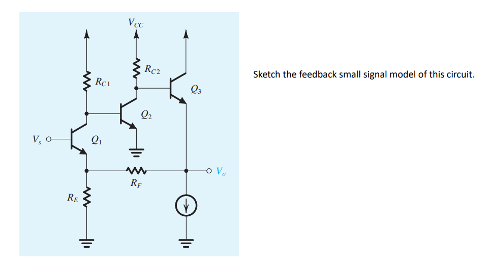 Vs
RE
www
2₁
www
Rc1
11
Vcc
RC2
Q₂
RF
Q3
+₁
-O V₂
Sketch the feedback small signal model of this circuit.