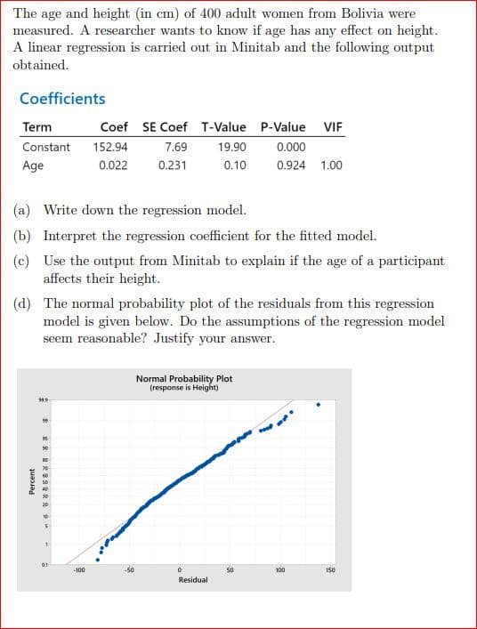 The age and height (in cm) of 400 adult women from Bolivia were
measured. A researcher wants to know if age has any effect on height.
A linear regression is carried out in Minitab and the following output
obtained.
Coefficients
Term
Constant
Age
(a) Write down the regression model.
(b) Interpret the regression coefficient for the fitted model.
(c) Use the output from Minitab to explain if the age of a participant
affects their height.
Percent
(d) The normal probability plot of the residuals from this regression
model is given below. Do the assumptions of the regression model
seem reasonable? Justify your answer.
99.9
8
28 22299229
88
Coef SE Coef
152.94
7.69
0.022
0.231
01
-100
T-Value P-Value VIF
19.90
0.000
0.10
0.924 1.00
-50
Normal Probability Plot
(response is Height)
0
Residual
50
*****
100
150