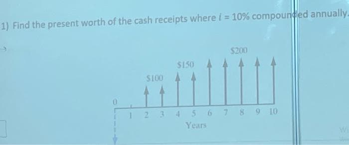 1) Find the present worth of the cash receipts where i = 10% compounded annually.
0
$100
$150
$200
1 2 3 4 5 6 7 8 9 10
Years