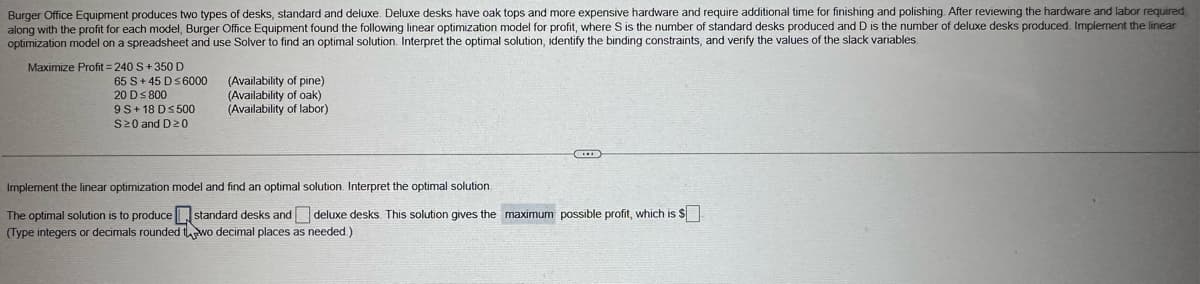Burger Office Equipment produces two types of desks, standard and deluxe. Deluxe desks have oak tops and more expensive hardware and require additional time for finishing and polishing. After reviewing the hardware and labor required
along with the profit for each model, Burger Office Equipment found the following linear optimization model for profit, where S is the number of standard desks produced and D is the number of deluxe desks produced. Implement the linear
optimization model on a spreadsheet and use Solver to find an optimal solution. Interpret the optimal solution, identify the binding constraints, and verify the values of the slack variables.
Maximize Profit=240 S+350 D
65 S+45 D≤6000
20 D≤ 800
(Availability of pine)
9 S+18 D≤500
S≥0 and D≥0
(Availability of oak)
(Availability of labor)
Implement the linear optimization model and find an optimal solution. Interpret the optimal solution.
The optimal solution is to produce
standard desks and
deluxe desks. This solution gives the maximum possible profit, which is $
(Type integers or decimals rounded two decimal places as needed.)