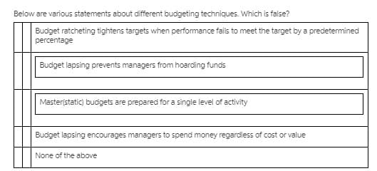 Below are various statements about different budgeting techniques. Which is false?
Budget ratcheting tightens targets when performance fails to meet the target by a predetermined
percentage
Budget lapsing prevents managers from hoarding funds
Master(static) budgets are prepared for a single level of activity
Budget lapsing encourages managers to spend money regardless of cost or value
None of the above
