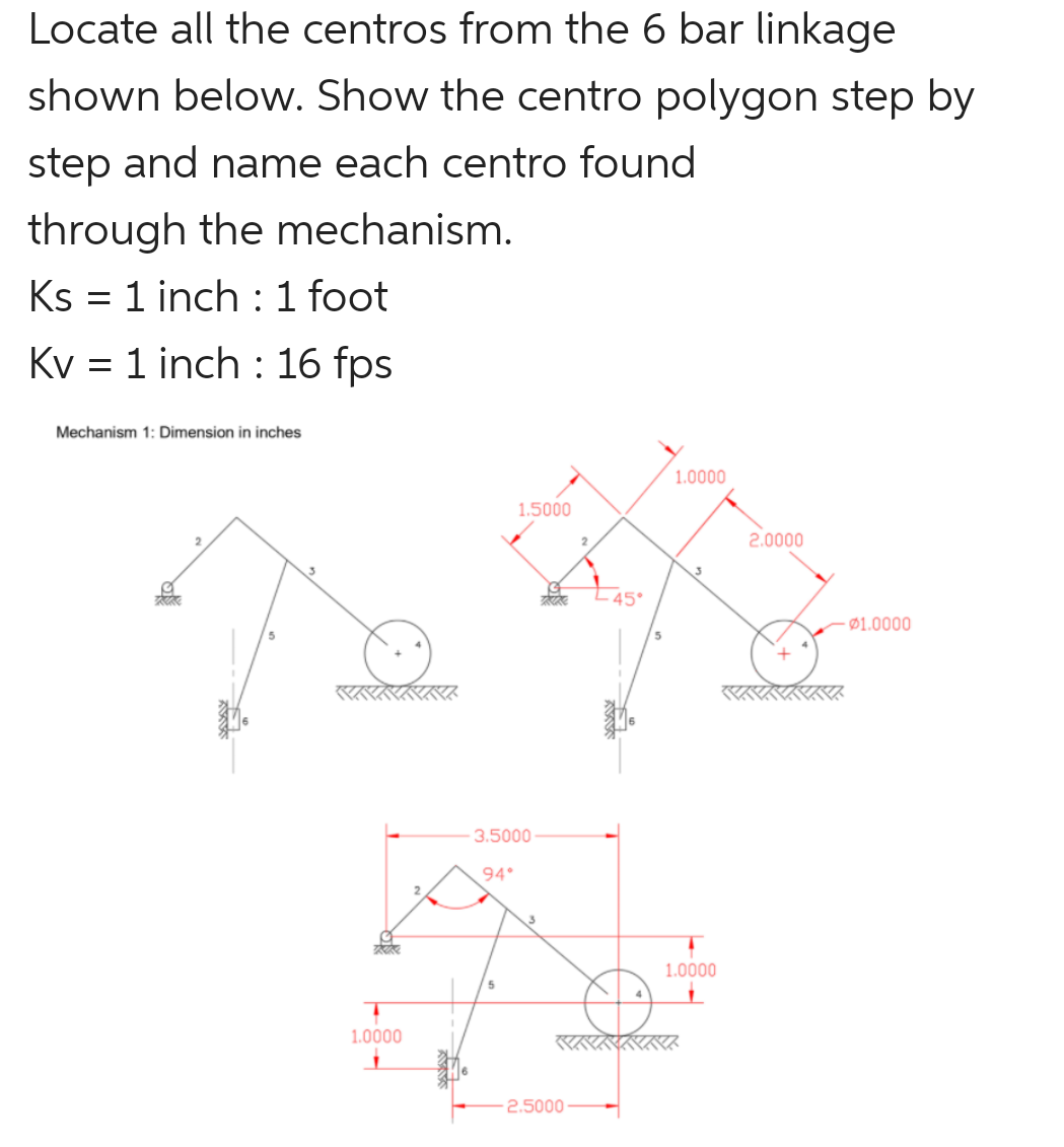 Locate all the centros from the 6 bar linkage
shown below. Show the centro polygon step by
step and name each centro found
through the mechanism.
Ks = 1 inch : 1 foot
Kv 1 inch 16 fps
Mechanism 1: Dimension in inches
G
Tek
2
3
G
K
1.0000
1.5000
3.5000
94°
G
K
2.5000
2
45°
1.0000
3
1.0000
2.0000
- 01.0000
