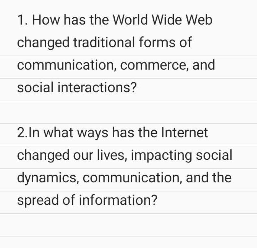 1. How has the World Wide Web
changed traditional forms of
communication, commerce, and
social interactions?
2.In what ways has the Internet
changed our lives, impacting social
dynamics, communication, and the
spread of information?