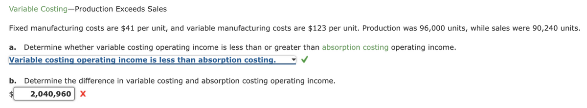 Variable Costing-Production Exceeds Sales
Fixed manufacturing costs are $41 per unit, and variable manufacturing costs are $123 per unit. Production was 96,000 units, while sales were 90,240 units.
a. Determine whether variable costing operating income is less than or greater than absorption costing operating income.
Variable costing operating income is less than absorption costing.
b. Determine the difference in variable costing and absorption costing operating income.
2,040,960 X