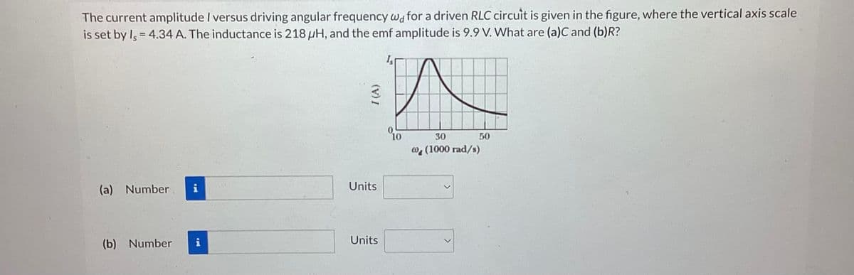 The current amplitude I versus driving angular frequency wa for a driven RLC circuit is given in the figure, where the vertical axis scale
is set by Is = 4.34 A. The inductance is 218 pH, and the emf amplitude is 9.9 V. What are (a)C and (b)R?
(a) Number.
(b) Number
i
HI
I (A)
Units
Units
%10
30
@(1000 rad/s)
50