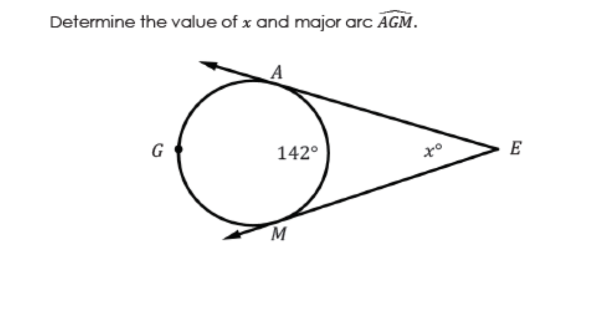 Determine the value of x and major arc AGM.
G
142°
E
M
