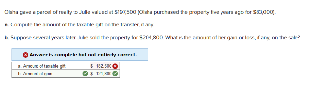 Oisha gave a parcel of realty to Julie valued at $197,500 (Oisha purchased the property five years ago for $83,000).
a. Compute the amount of the taxable gift on the transfer, if any.
b. Suppose several years later Julie sold the property for $204,800. What is the amount of her gain or loss, if any, on the sale?
Answer is complete but not entirely correct.
$ 182.500
$ 121,800
a. Amount of taxable gift
b. Amount of gain