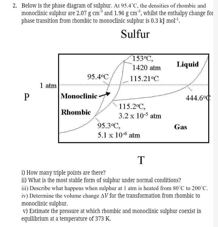 2. Below is the phase diagram of sulphur. At 95.4°C, the densities of rhombic and
monoclinic sulphur are 2.07 g cm³ and 1.96 g cm*, whilst the enthalpy change for
phase transition from rhombic to monoclinic sulphur is 0.3 kJ mol1.
Sulfur
153°C,
1420 atm
Liquid
95.4°C
115.21°C
1 atm
P
Monoclinic
444.6°C
115.2°C,
3.2 x 105 atm
Rhombic
95.3°C,
5.1 x 10-6 atm
Gas
i) How many triple points are there?
ii) What is the most stable form of sulphur under normal conditions?
iii) Describe what happens when sulphur at 1 atm is heated from 80°C to 200°C.
iv) Determine the volume change AV for the transformation from rhombic to
monoclinic sulphur.
v) Estimate the pressure at which rhombic and monoclinic sulphur coexist in
equilibrium at a temperature of 373 K.
