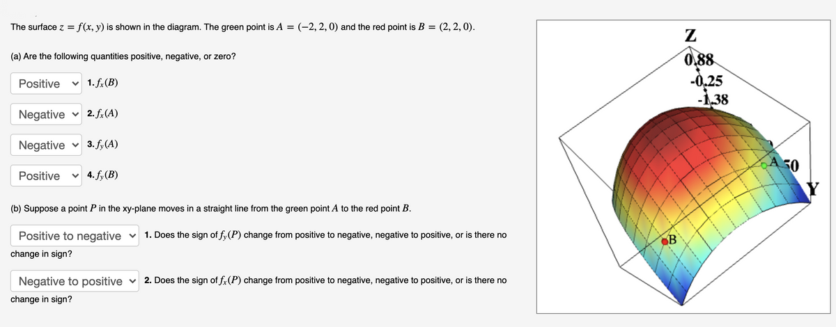 The surface z =
f(x, y) is shown in the diagram. The green point is A = (-2, 2, 0) and the red point is B =
(2, 2, 0).
Z
0,88
-0,25
-1,38
(a) Are the following quantities positive, negative, or zero?
Positive
v 1. fx (B)
Negative
v 2. fx(A)
Negative
v 3. fy(A)
A 50
Positive
v 4. fy(B)
(b) Suppose a point P in the xy-plane moves in a straight line from the green point A to the red point B.
Positive to negative v
1. Does the sign of fy(P) change from positive to negative, negative to positive, or is there no
B
change in sign?
Negative to positive v
2. Does the sign of f, (P) change from positive to negative, negative to positive, or is there no
change in sign?
