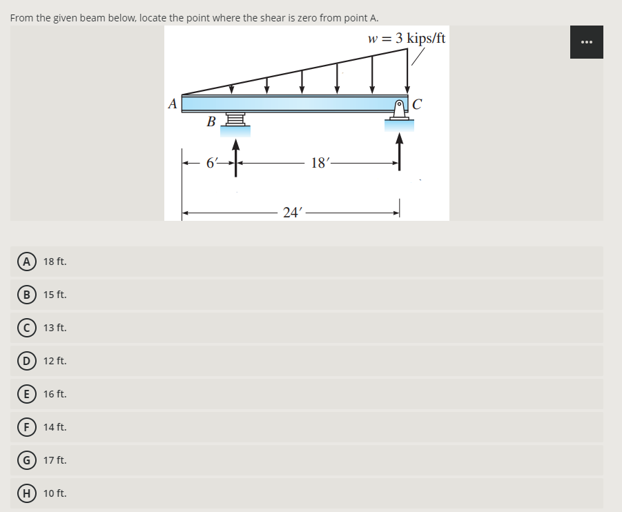 From the given beam below, locate the point where the shear is zero from point A.
w = 3 kips/ft
...
A
C
В
6-
18'-
24'
(A) 18 ft.
B) 15 ft.
13 ft.
D 12 ft.
E) 16 ft.
F) 14 ft.
G) 17 ft.
H) 10 ft.
