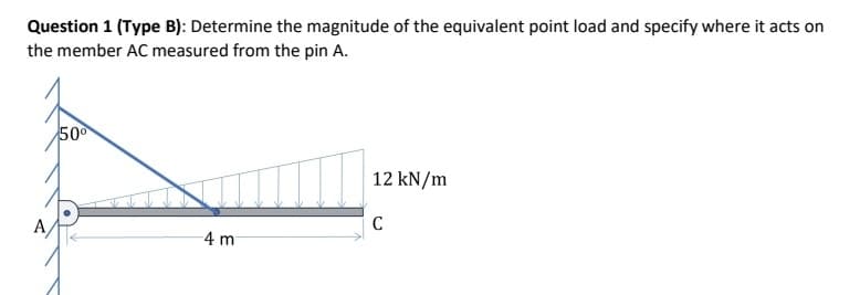 Question 1 (Type B): Determine the magnitude of the equivalent point load and specify where it acts on
the member AC measured from the pin A.
50°
12 kN/m
C
4 m