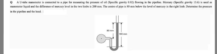 A U-tube manometer is connected to a pipe for measuring the pressure of oil (Specific gravity 0.92) flowing in the pipeline. Mercury (Specific gravity 13.6) is used as
manometer liquid and the difference of mercury level in the two limbs is 200 mm. The centre of pipe is 80 mm below the level of mercury in the right limb. Determine the pressure
in the pipeline and the head. |
80 mm
100 mm
