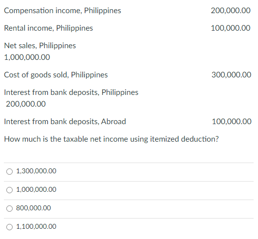 Compensation income, Philippines
200,000.00
Rental income, Philippines
100,000.00
Net sales, Philippines
1,000,000.00
Cost of goods sold, Philippines
300,000.00
Interest from bank deposits, Philippines
200,000.00
Interest from bank deposits, Abroad
100,000.00
How much is the taxable net income using itemized deduction?
O 1,300,000.00
1,000,000.00
800,000.00
O 1,100,000.00

