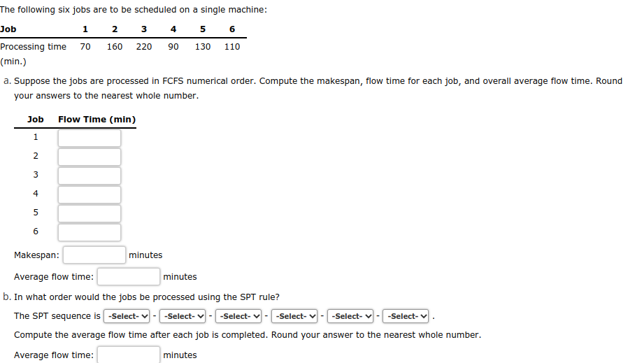 The following six jobs are to be scheduled on a single machine:
Job
1
2
3
Processing time 70 160 220
(min.)
a. Suppose the jobs are processed in FCFS numerical order. Compute the makespan, flow time for each job, and overall average flow time. Round
your answers to the nearest whole number.
Job Flow Time (min)
1
2
3
st
4
5
6
4 5 6
90 130 110
minutes
Makespan:
Average flow time:
minutes
b. In what order would the jobs be processed using the SPT rule?
The SPT sequence is -Select-
-Select-
-Select--
-Select- ✓ -Select-
-Select-
Compute the average flow time after each job is completed. Round your answer to the nearest whole number.
Average flow time:
minutes