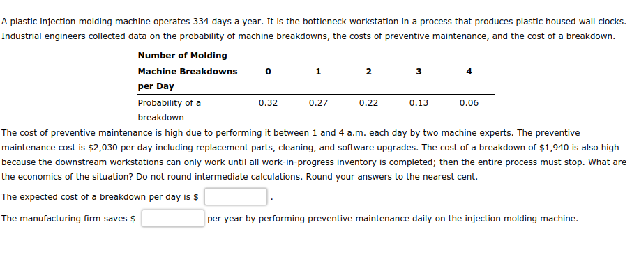 A plastic injection molding machine operates 334 days a year. It is the bottleneck workstation in a process that produces plastic housed wall clocks.
Industrial engineers collected data on the probability of machine breakdowns, the costs of preventive maintenance, and the cost of a breakdown.
Number of Molding
Machine Breakdowns
per Day
Probability of a
breakdown
0
0.32
1
0.27
2
0.22
3
0.13
4
0.06
The cost of preventive maintenance is high due to performing it between 1 and 4 a.m. each day by two machine experts. The preventive
maintenance cost is $2,030 per day including replacement parts, cleaning, and software upgrades. The cost of a breakdown of $1,940 is also high
because the downstream workstations can only work until all work-in-progress inventory is completed; then the entire process must stop. What are
the economics of the situation? Do not round intermediate calculations. Round your answers to the nearest cent.
The expected cost of a breakdown per day is $
The manufacturing firm saves $
per year by performing preventive maintenance daily on the injection molding machine.