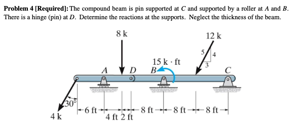 Problem 4 [Required]: The compound beam is pin supported at C and supported by a roller at A and B.
There is a hinge (pin) at D. Determine the reactions at the supports. Neglect the thickness of the beam.
8 k
12 k
4 k
A
6 ft-
30%
D
4 ft 2 ft
15 k. ft
BA
-8 ft 8 ft 8 ft