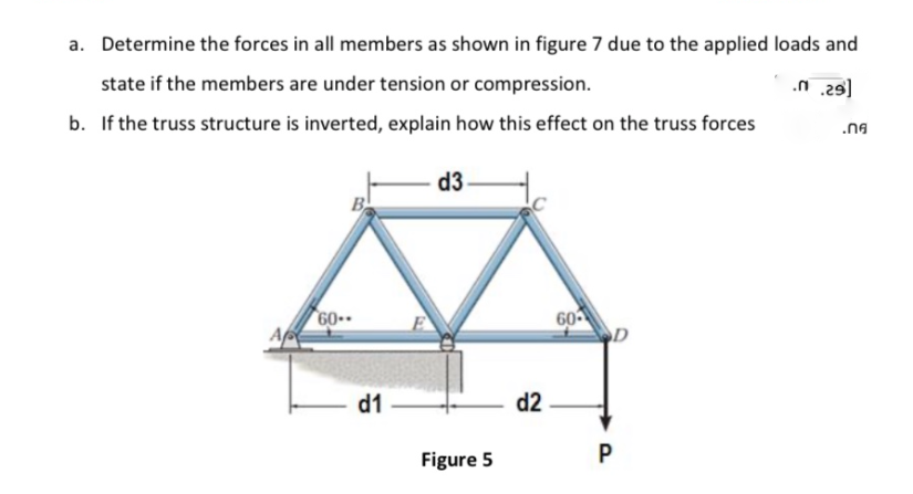a. Determine the forces in all members as shown in figure 7 due to the applied loads and
state if the members are under tension or compression.
.n .29]
b. If the truss structure is inverted, explain how this effect on the truss forces
.ng
d3
B
60
E
60
d1
d2
Figure 5
