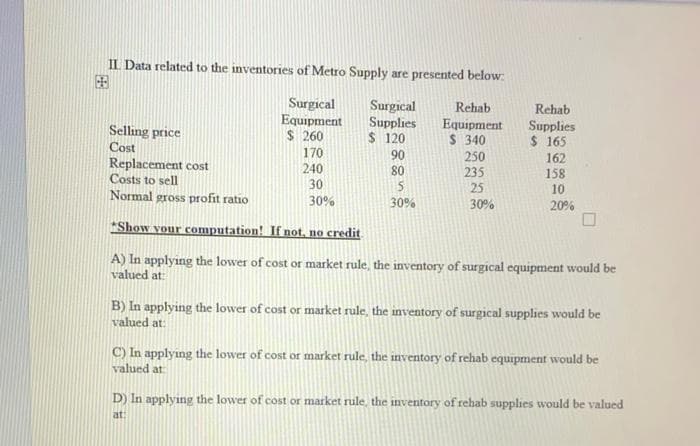 IL Data related to the inventories of Metro Supply are presented below:
困
Surgical
Equipment
$ 260
170
240
Surgical
Supplies
$ 120
Rehab
Rehab
Selling price
Cost
Equipment
S 340
Supplies
$ 165
90
250
235
162
Replacement cost
Costs to sell
Normal gross profit ratio
80
158
30
25
10
30%
30%
30%
20%
*Show your computation! If not, no credit
A) In applying the lower of cost or market rule, the inventory of surgical equipment would be
valued at:
B) In applying the lower of cost or market rule, the inventory of surgical supplies would be
valued at:
C) In applying the lower of cost or market rule, the inventory of rehab equipment would be
valued at:
D) In applying the lower of cost or market rule, the inventory of rehab supplies would be valued
at:
