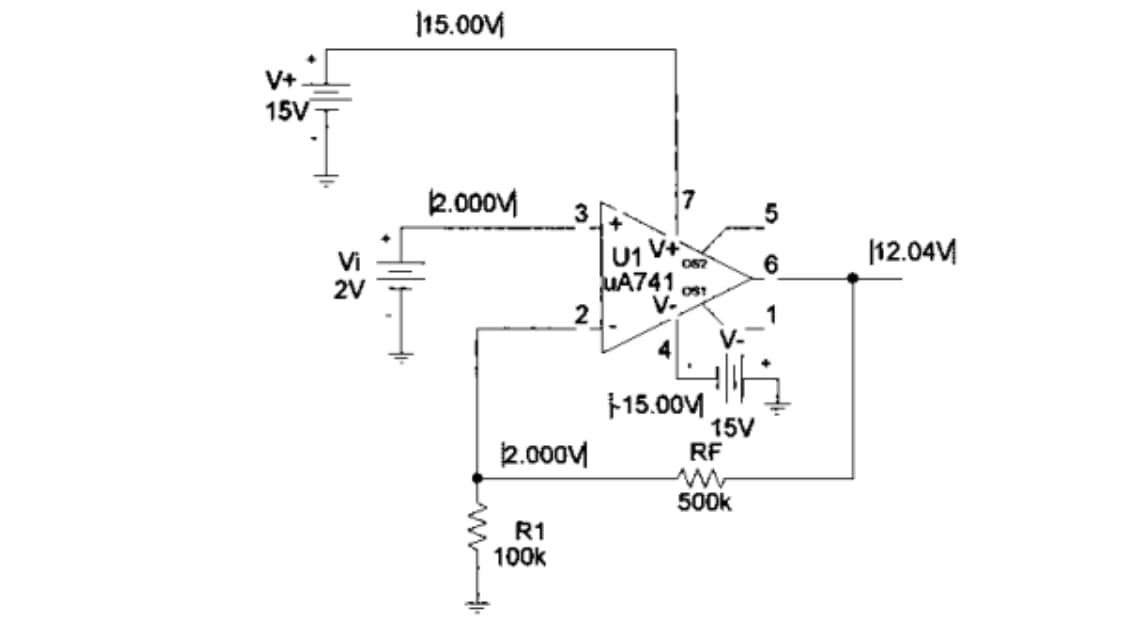 V+
15V
Vi
2V
115.00V
2.000V
ww
2.000V
R1
100k
052
U1 V+
JuA741 OST
V.
+-15.00€
15V
RF
ww
500k
6
12.04V