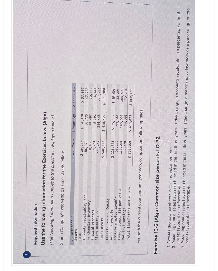 !
Required information
Use the following information for the Exercises below. (Algo)
[The following information applies to the questions displayed below.]
Simon Company's year-end balance sheets follow.
At December 31
Assets
Cash
Accounts receivable, net
Merchandise inventory
Prepaid expenses
Plant assets, net
Total assets.
Current Year
$ 29,710
86,979
110,453
9,761
271,747
$ 508,650
$ 126,654
95,626
163,500
122,870
$ 508,650
1 Year Ago
Liabilities and Equity
Accounts payable
Long-term notes payable
Common stock, $10 par value
Retained earnings
Total liabilities and equity
For both the current year and one year ago, compute the following ratios:
Exercise 13-6 (Algo) Common-size percents LO P2
$ 34,378
60,775
79,498
9,392
254,448
$ 438,491
$ 75,587
99,844
163,500
99,560
$ 438,491
2 Years Ago
$ 37,637
47,269
50,840
4,141
229,222
$ 369,100
$ 49,696
83,203
163,500
72,701
$ 369,100
1. Express the balance sheets in common-size percents.
assets favorable or unfavorable?
2. Assuming annual sales have not changed in the last three years, is the change in accounts receivable as a percentage of total
assets favorable or unfavorable?
3. Assuming annual sales have not changed in the last three years, is the change in merchandise inventory as a percentage of total