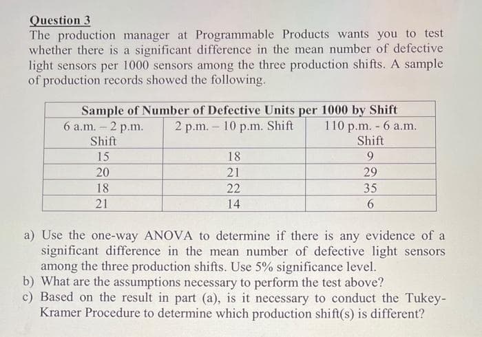Question 3
The production manager at Programmable Products wants you to test
whether there is a significant difference in the mean number of defective
light sensors per 1000 sensors among the three production shifts. A sample
of production records showed the following.
Sample of Number of Defective Units per 1000 by Shift
6 a.m. - 2 p.m. 2 p.m. 10 p.m. Shift
110 p.m. - 6 a.m.
Shift
Shift
15
9
20
29
18
35
21
6
18
21
22
14
a) Use the one-way ANOVA to determine if there is any evidence of a
significant difference in the mean number of defective light sensors
among the three production shifts. Use 5% significance level.
b) What are the assumptions necessary to perform the test above?
c) Based on the result in part (a), is it necessary to conduct the Tukey-
Kramer Procedure to determine which production shift(s) is different?