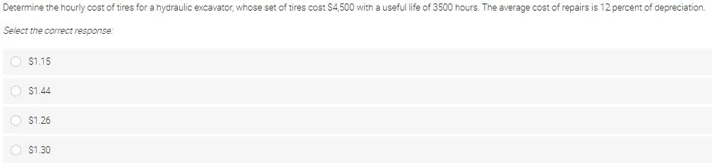 Determine the hourly cost of tires for a hydraulic excavator, whose set of tires cost S4,500 with a useful life of 3500 hours. The average cost of repairs is 12 percent of depreciation.
Select the correct response:
O $1.15
O $1.44
O $1.26
S1.30
