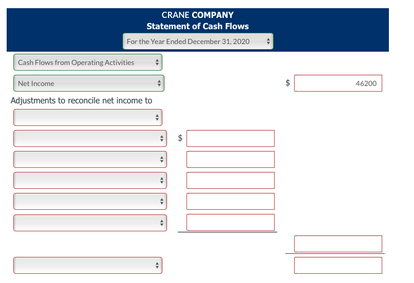 CRANE COMPANY
Statement of Cash Flows
For the Year Ended December 31, 2020
Cash Flows from Operating Activities
Net Income
46200
Adjustments to reconcile net income to
$
%24
