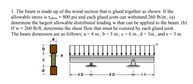 1. The beam is made up of the wood section that is glued together as shown. If the
allowable stress is Tallow = 800 psi and each glued joint can withstand 260 lb/in., (a)
determine the largest allowable distributed loading w that can be applied to the beam. (b)
If w = 260 lb/ft, determine the shear flow that must be resisted by each glued joint.
The beam dimension are as follows; a = 4 in., b = 3 in., c = 6 in., d = 3in., and e = 3 in.
a
W
b
+
-4 ft
-8 ft-
U
TOY
d
E