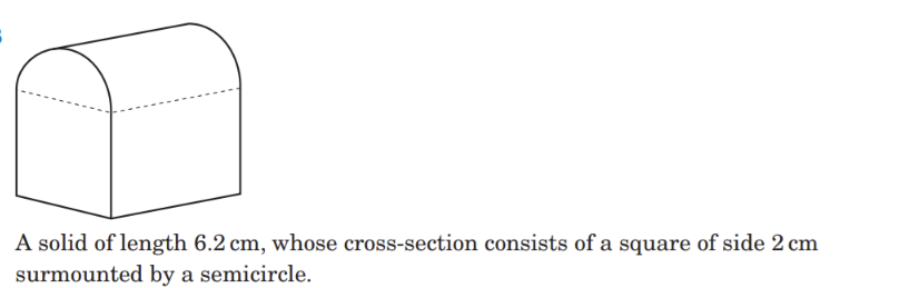 A solid of length 6.2 cm, whose cross-section consists of a square of side 2 cm
surmounted by a semicircle.