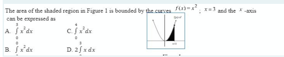 The area of the shaded region in Figure 1 is bounded by the curves f(x)=x²; x=3 and the x-axis
can be expressed as
3
A. f x²dx
0
B. fx dx
c.jx²dx
3
D. 2 fx dx