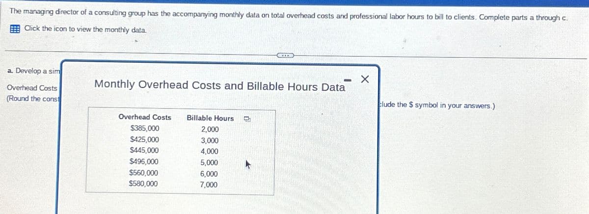 The managing director of a consulting group has the accompanying monthly data on total overhead costs and professional labor hours to bill to clients. Complete parts a through c.
Click the icon to view the monthly data.
a. Develop a sim
Overhead Costs
(Round the const
Monthly Overhead Costs and Billable Hours Data
Overhead Costs Billable Hours
$385,000
2,000
$425,000
3,000
$445,000
4,000
$496,000
5,000
$560,000
6,000
$580,000
7,000
-
clude the $ symbol in your answers.)