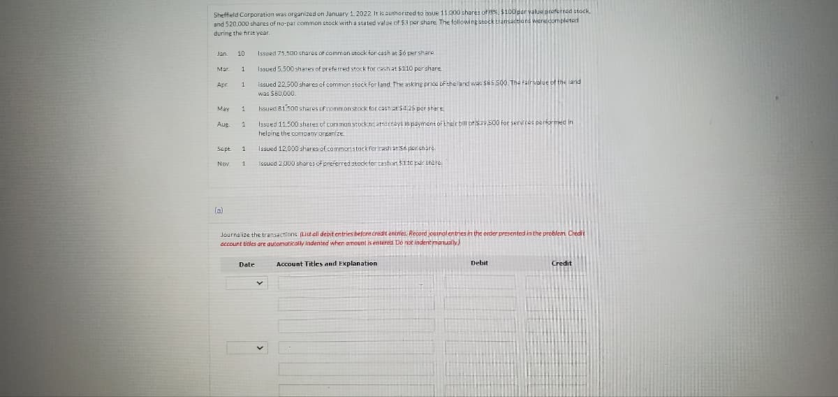 Sheffield Corporation was organized on January 1, 2022. It is authorized to issue 11,000 shares of 8%, $100 par value preferred stock,
and 520,000 shares of no-par common stock with a stated value of $3 per share. The following stock transactions were completed
during the first year.
Jan.
Mar 1
Apr
Mav
10
1
(a)
1
Aug. 1
Sept. 1
Nov.
1
Issued 75,500 shares of common stock for cash at 56 per share..
Date
Issued 5.500 shares of preferred stock for cash at $110 per share.
issued 22,500 shares of common stock for land. The asking price of the land was $85.500. The fair value of the land
was $80,000.
Issued 81,500 shares of common stock for cash at $4:25 per shere.
Issued 11.500 shares of common stock trattorneys in payment of their bill of $39,500 for services performed in
helping the company organize.
Issued 12,000 shares of common stock for cash at $6 per share.
Issued 2,000 shares of preferred stock for cash at $110 per share.
Journalize the transactions. (List all debit entries before credit entries. Record journal entries in the order presented in the problem. Credit
account titles are automatically indented when amount is entered. Do not indent manually)
V
Account Titles and Explanation
Debit
Credit