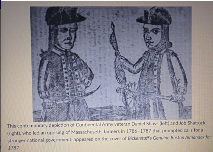 This contemporary depiction of Continental Army veteran Daniel Shays (left) and Job Shattuck
(right), who led an uprising of Massachusetts farmers in 1786-1787 that prompted calls for a
stronger national government, appeared on the cover of Bickerstaff's Genuine Boston Almanack for
1787.
